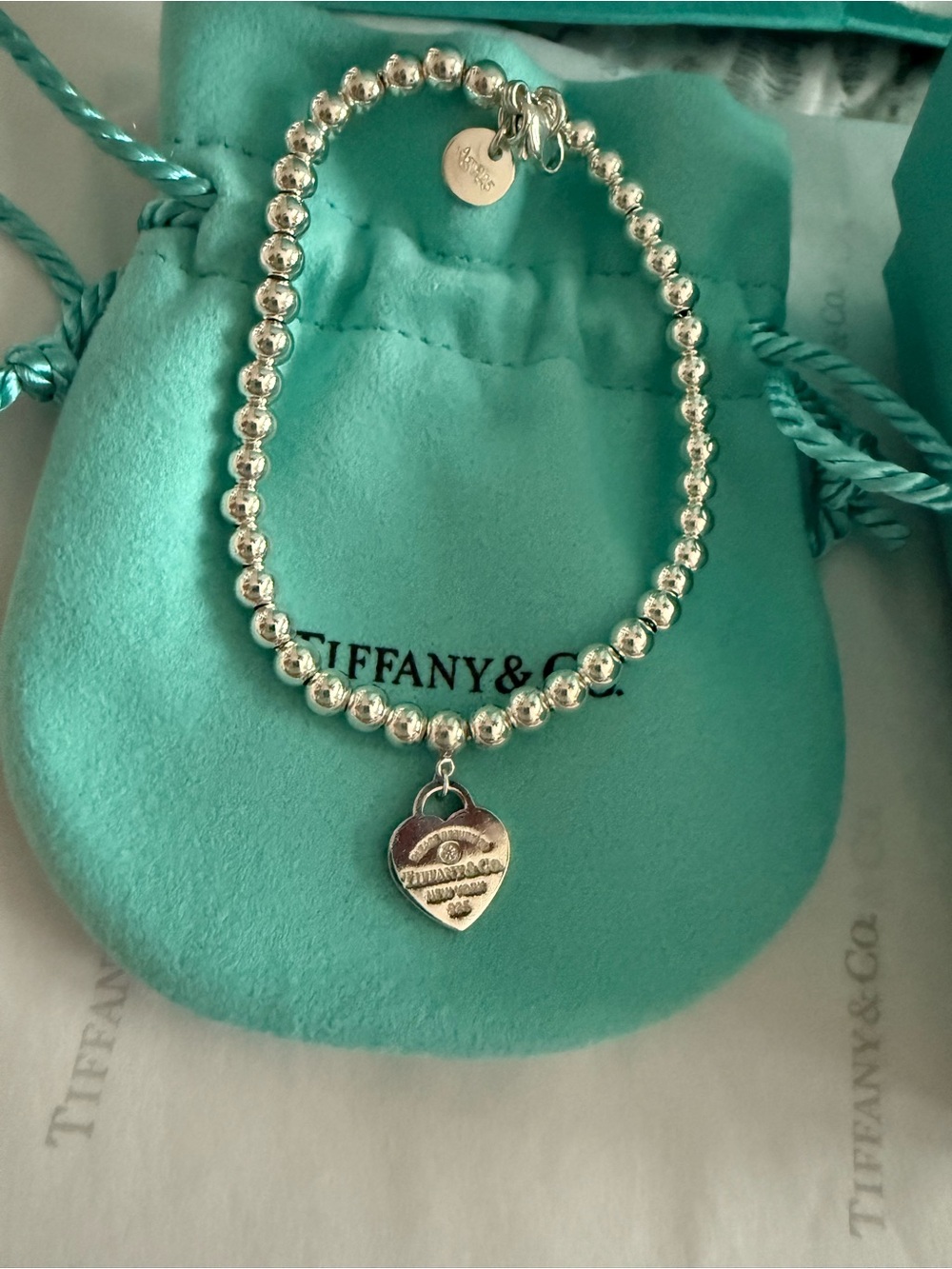 Tiffany & Co. Sterling Silver Bead Heart Tag Bracelet with Diamond- Silver